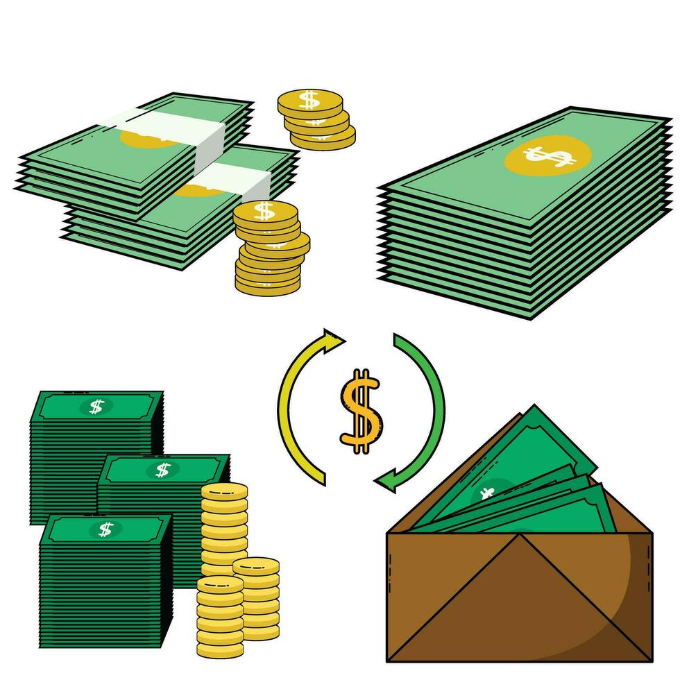 Green paper  Gold coins currency dollars vector