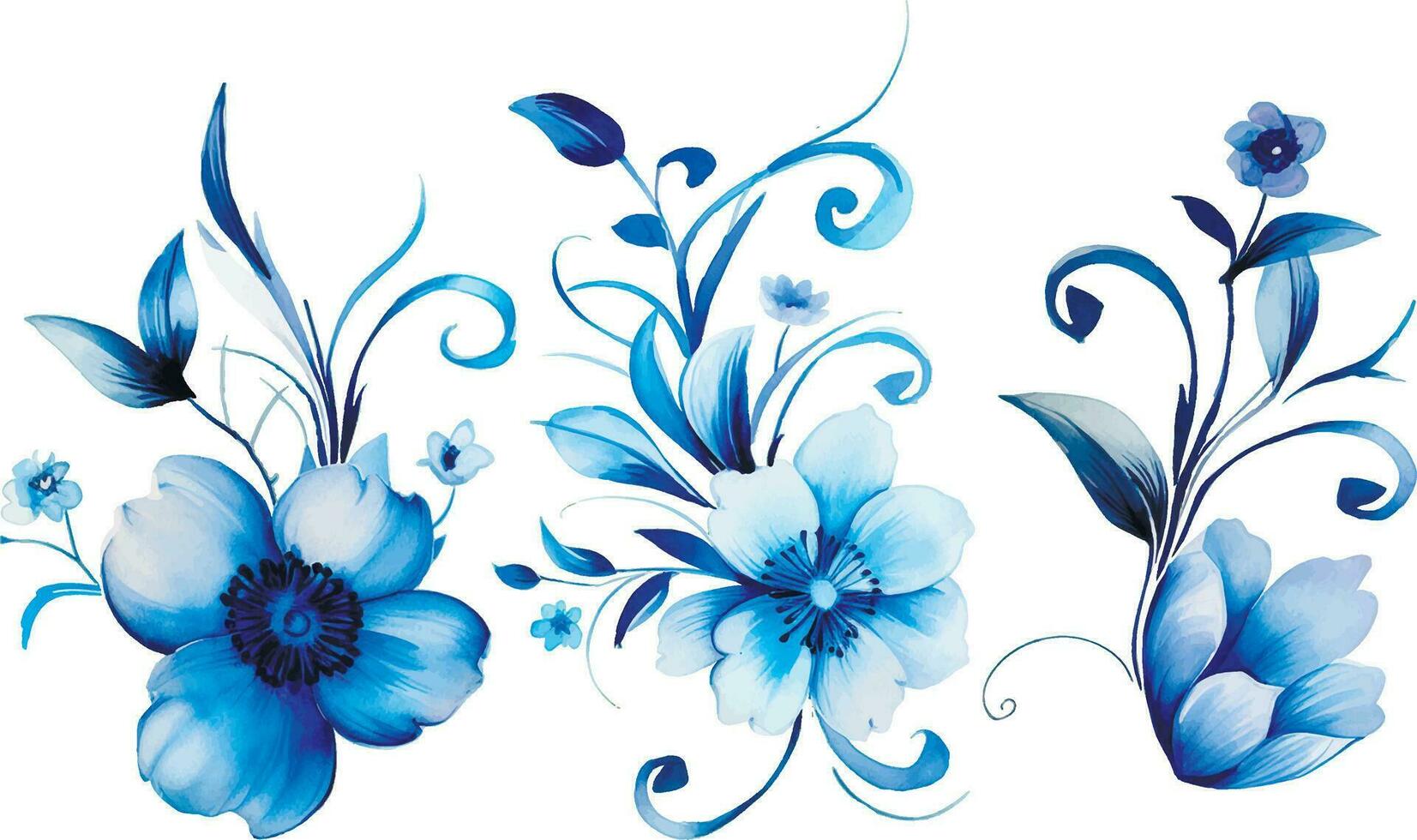 acuarela dibujo, modelo conjunto de azul flores y hojas. ornamento para porcelana, Clásico impresión vector