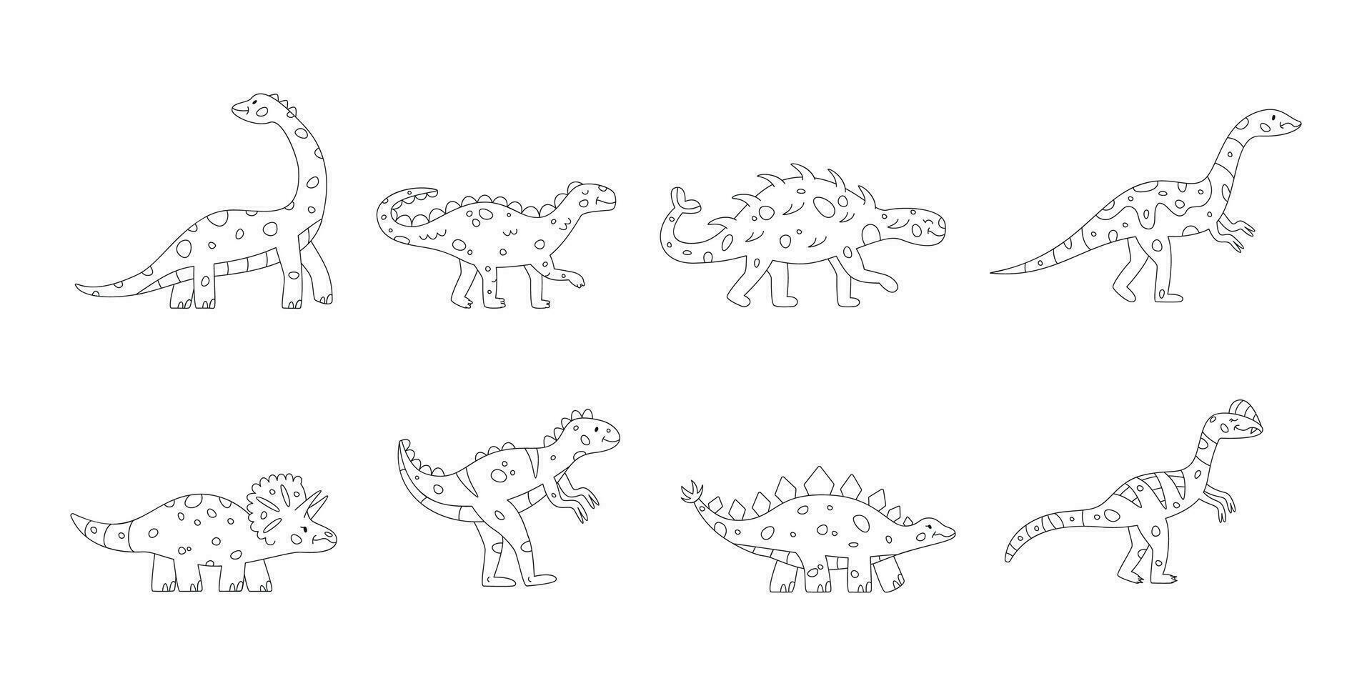 Hand drawn linear vector illustrations of dinosaurs