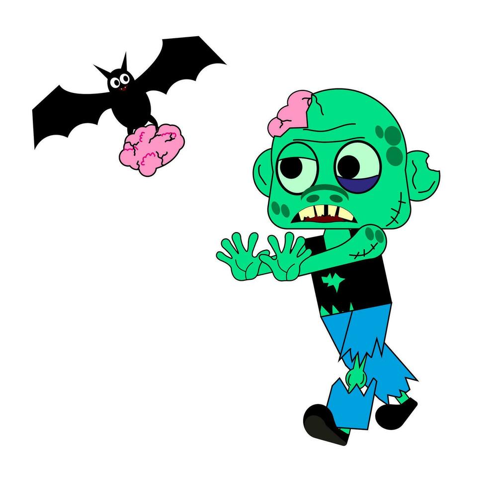Cartoon zombie is looking for his brains. Vector illustration. All elements are isolated