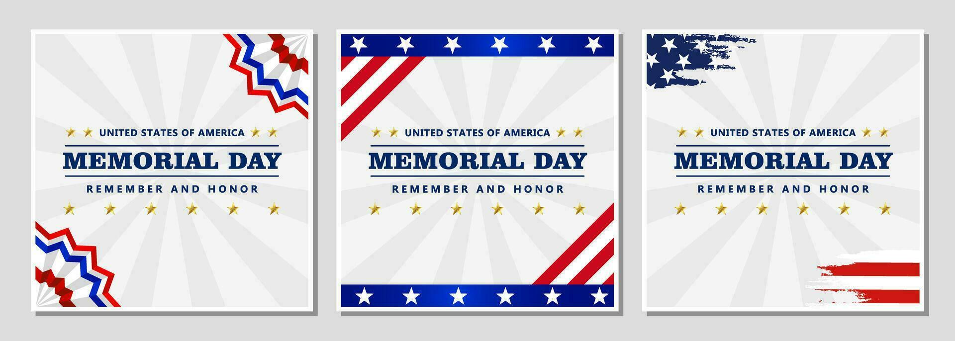 memorial day america celebration square social media post template design set collection vector