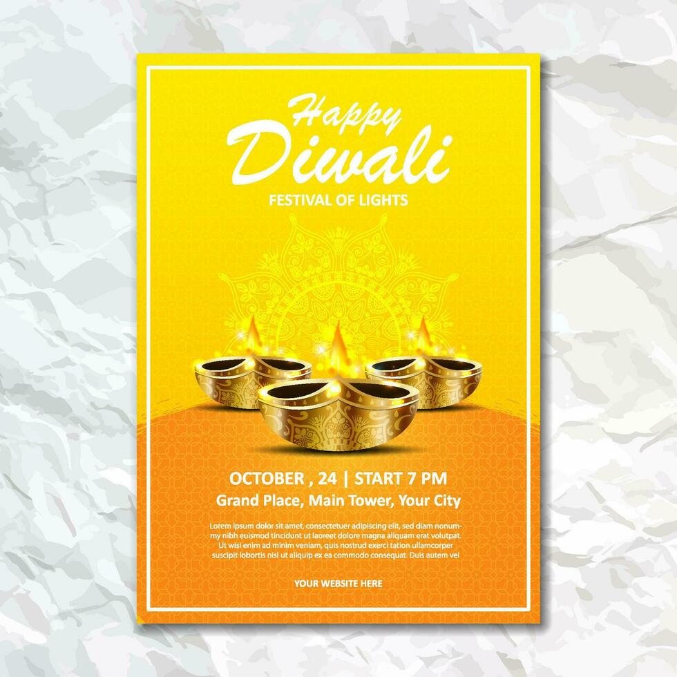 happy diwali diya lights wall poster brochure design leaflet deepavali festival flyer template vector