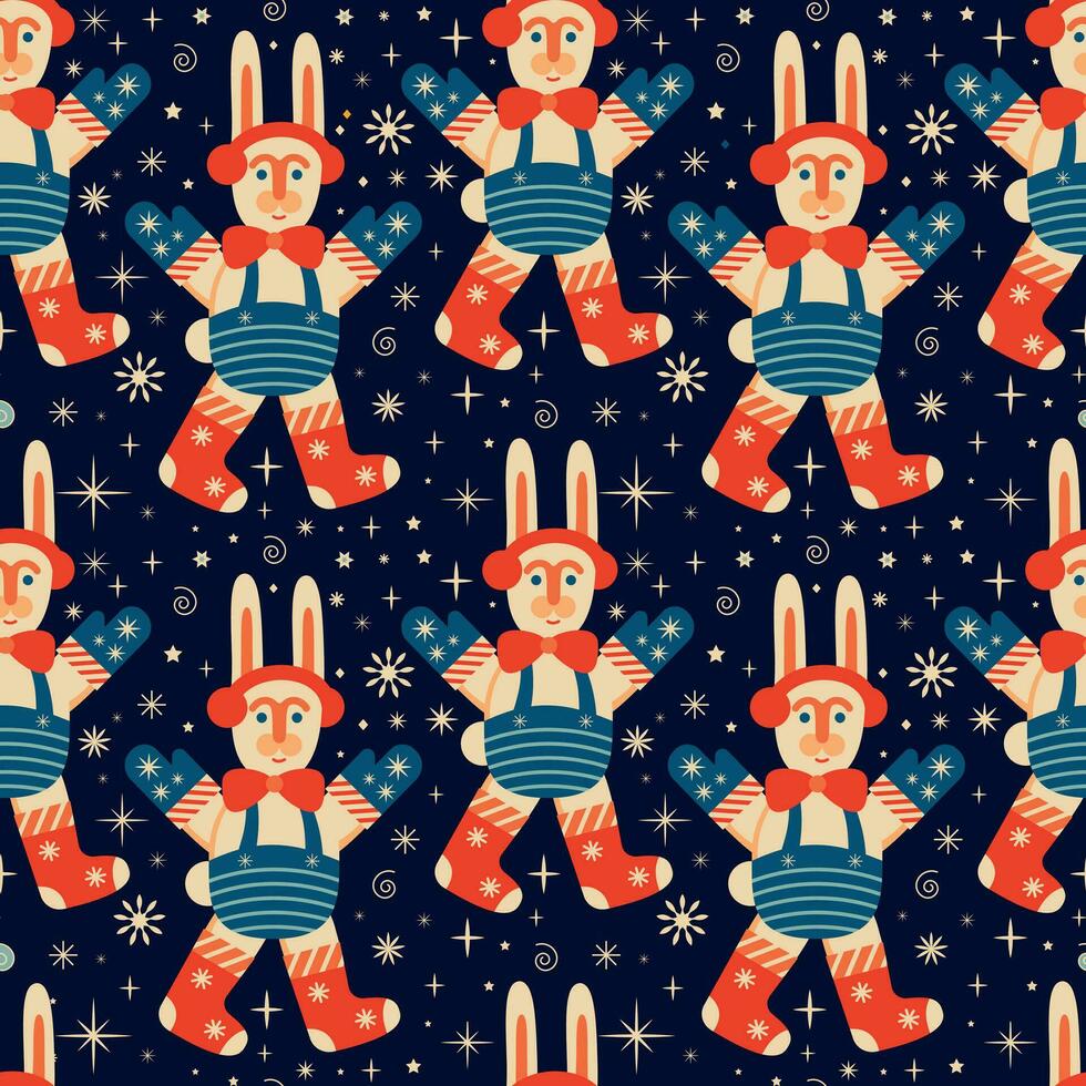 pattern with Christmas toys and rabbits. Christmas background vector