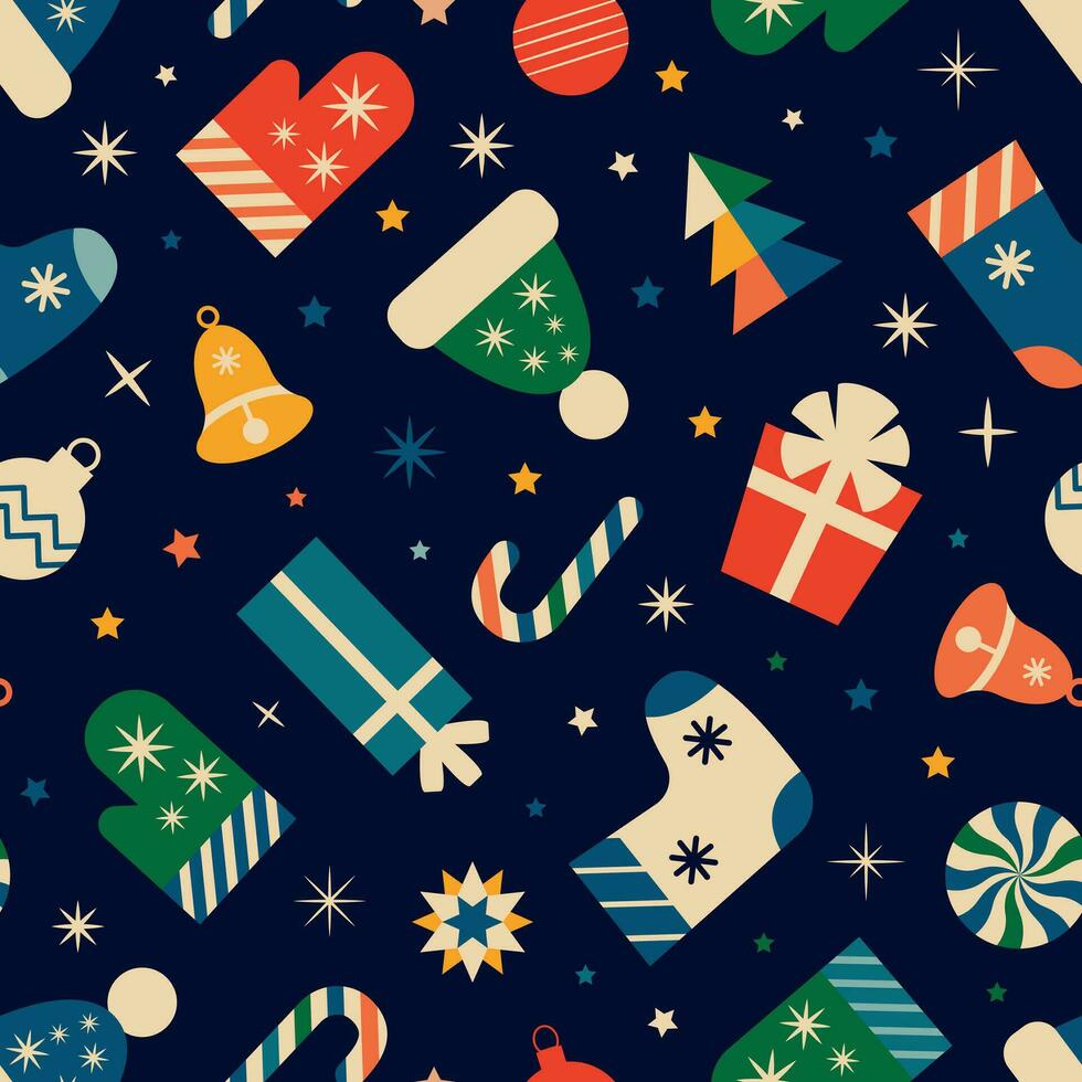 Blue Christmas pattern with toys and winter clothes. vector