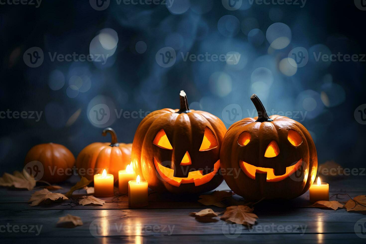 Halloween pumpkins with scary smiles and candle lit. 31 October celebration. Mysterious atmosphere. Spooky horizontal banner with space for text. Background, card, poster, flyer. Generative AI photo
