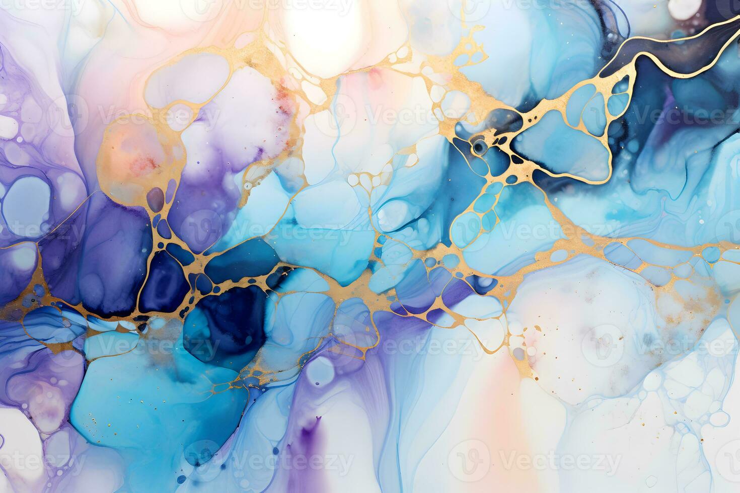 Abstract alcohol ink background. Fluid liquid art. Acrylic painting. Gold glitter splashes, blurs, stains, weaves. Modern horizontal banner. Marble holographic surface. Generative AI. photo