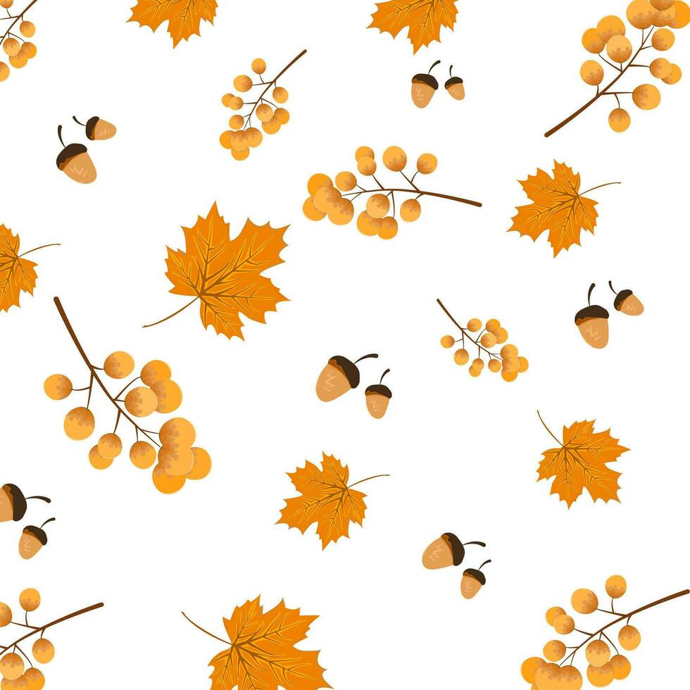 Seamless pattern background of falling brown leaves and Acorn on a yellow background.  Concept of fall leaves in autumn season. vector