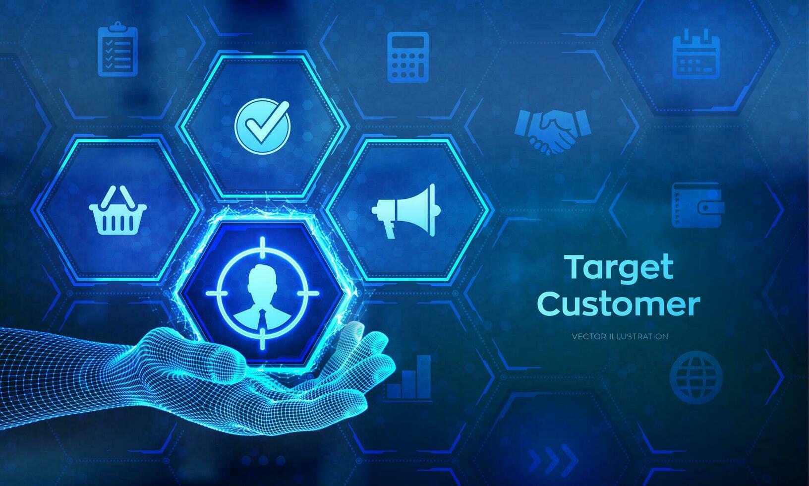 Target customer icon in wireframe hand. Buyer persona, customer behavior concept on virtual screen. Marketing plan. Personalization marketing, customer centric strategies. Vector illustration.