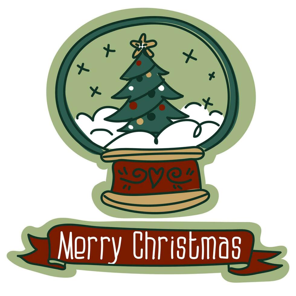 Christmas gift card with a glass ball with a Christmas tree in the snow, traditional Christmas vector illustration. A postcard for the holiday in retro style. Cartoon object