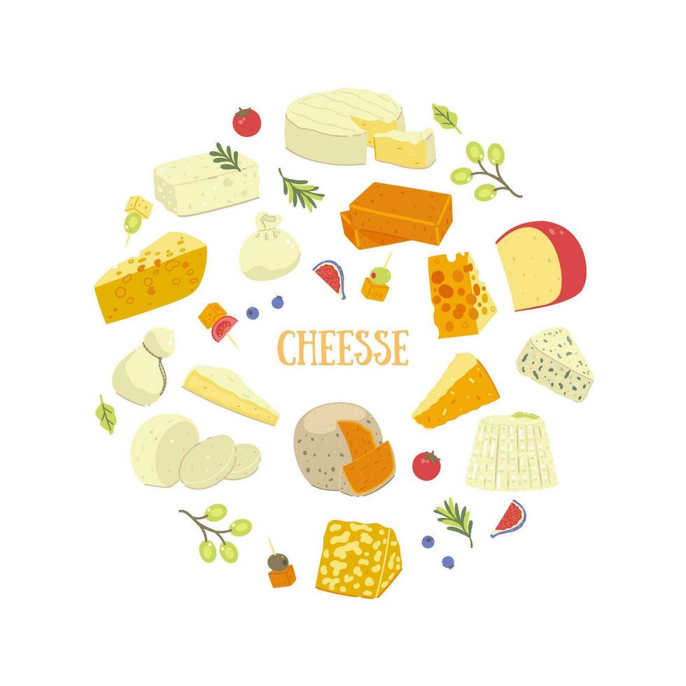 Round composition of different types of cheese isolate on a white background. Vector graphics.
