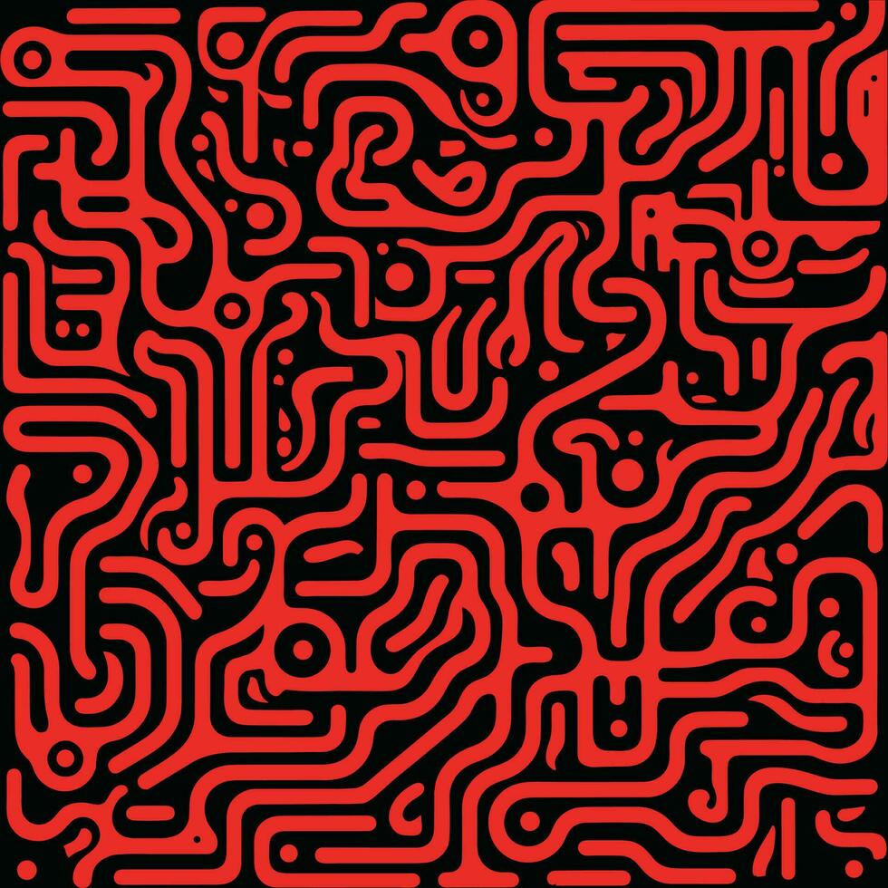 red and black pattern with a black graphic design, in the style of psychedelic neon, squiggly line style, escher-inspired, geometric chaos, shaped canvas, bold block prints, abstraction-creation vector