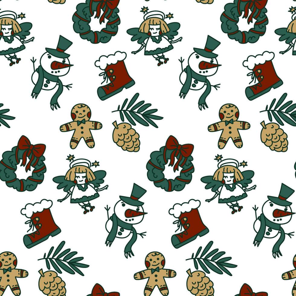 Seamless Christmas pattern with festive elements and green outline. Cheerful texture of the winter holiday Christmas and New Year. Printing on textile and paper design in retro style. Packaging vector