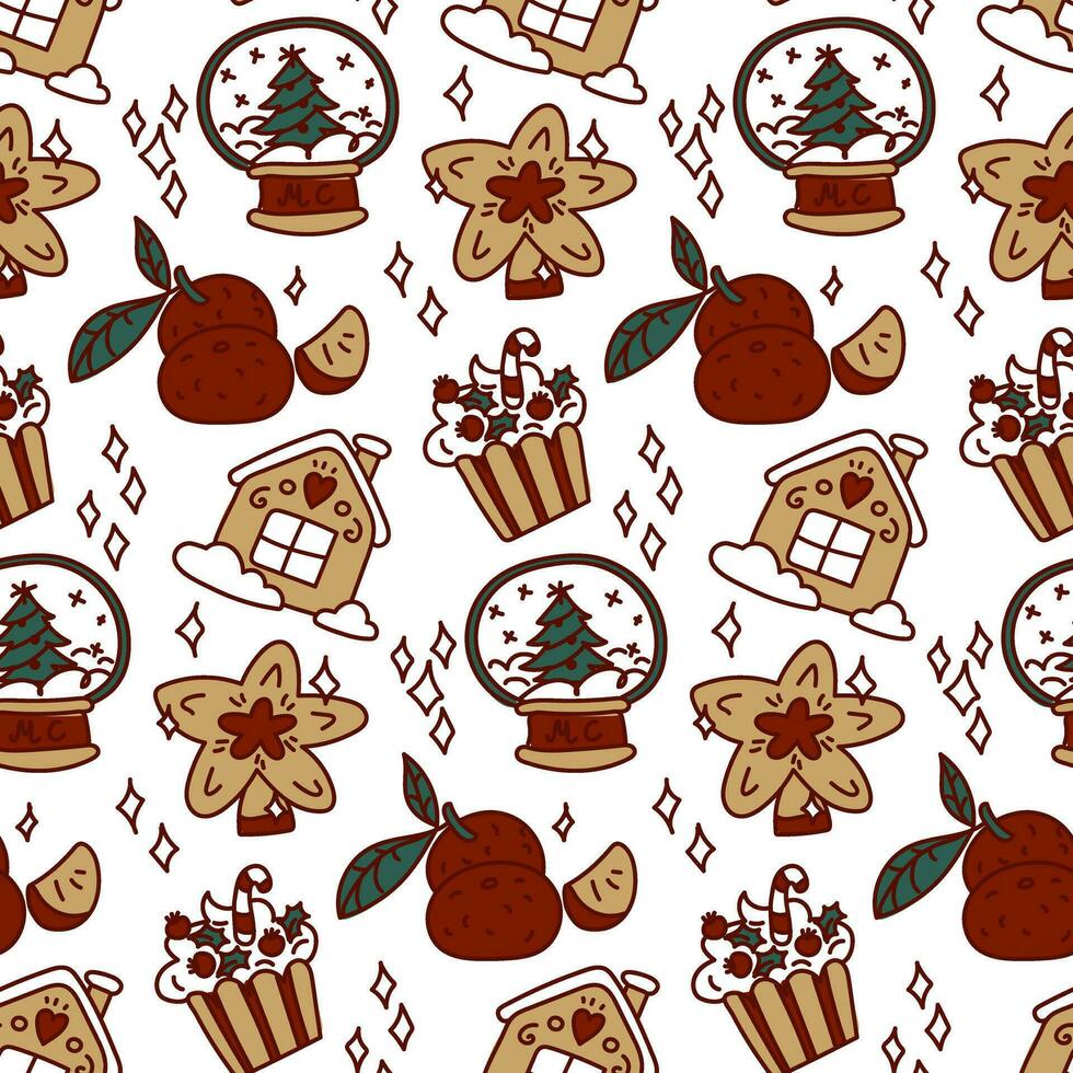 Seamless Christmas pattern with festive elements and a red outline. Happy texture of the winter holiday Christmas, New Year. Printing on textile and paper design in retro style. Packaging, postcards vector