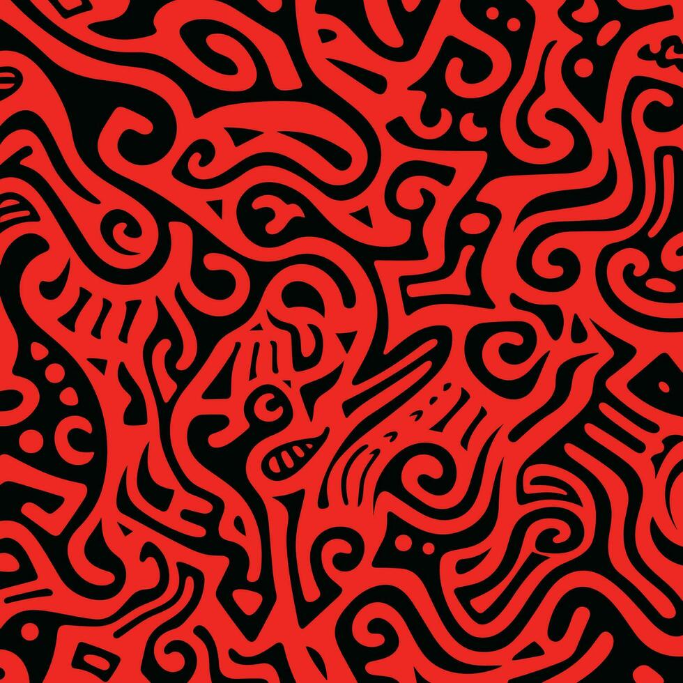red and black pattern with a black graphic design, in the style of psychedelic neon, squiggly line style, escher-inspired, geometric chaos, shaped canvas, bold block prints, abstraction-creation vector