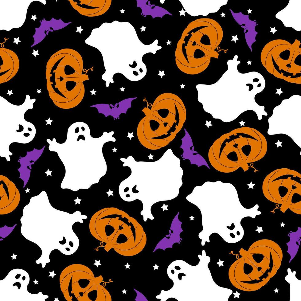 Seamless vector pattern for Halloween design. Halloween symbols ghost, bat, pumpkin and star in cartoon style