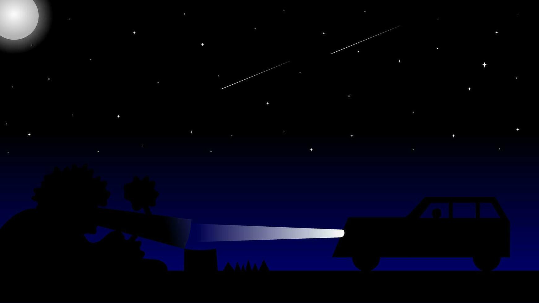 Vector illustration of a car stopping in front of a fallen tree amidst the moon and stars at night.