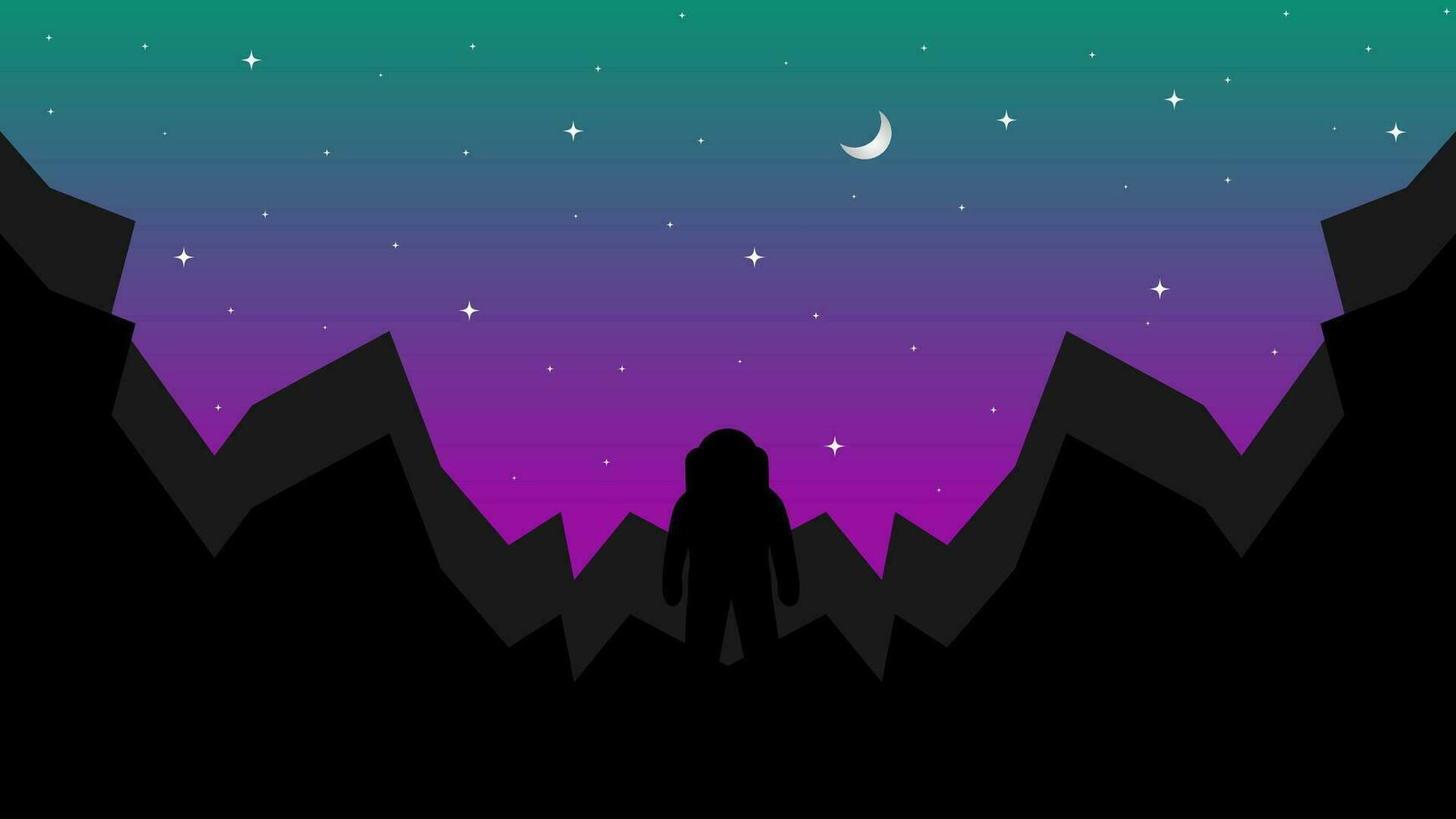 Vector illustration of an astronaut standing in the middle of a space rock with the moon and stars behind him.