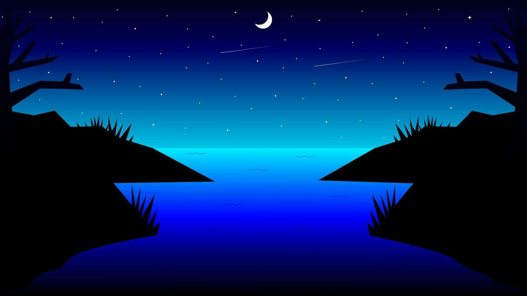 Vector illustration night view of a swamp with rocks and barren tree silhouettes on either side