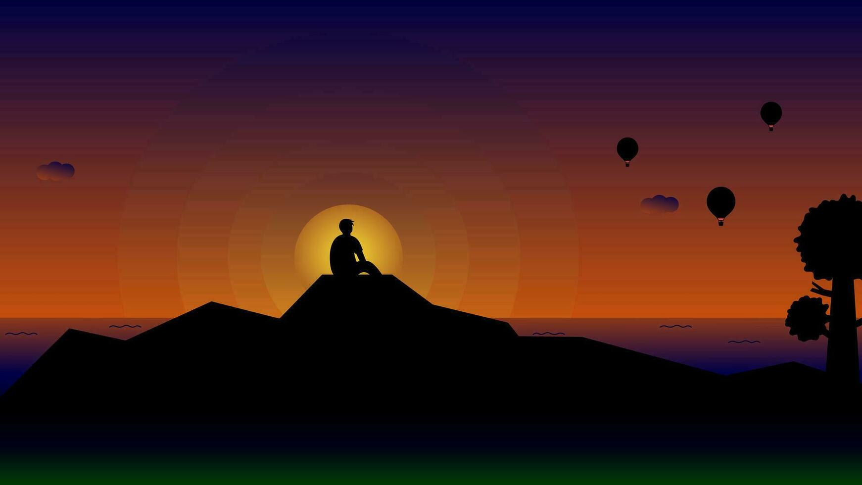 Vector illustration of a young man sits on a rock by the sea watching hot air balloons at sunrise.