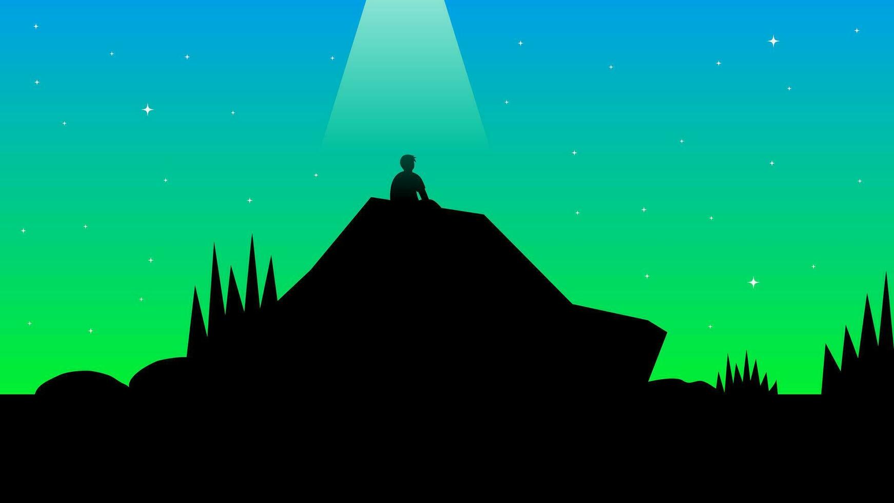 Vector illustration of a light rising over a young man sitting on a large rock with grass around him at night.