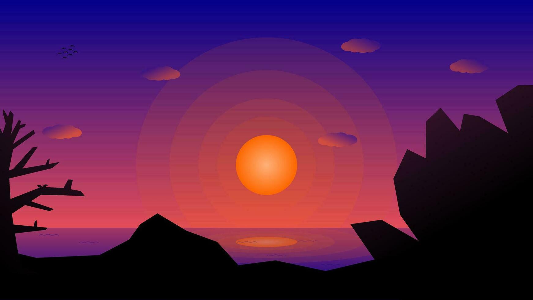 vector ilustración de playa escena a puesta de sol