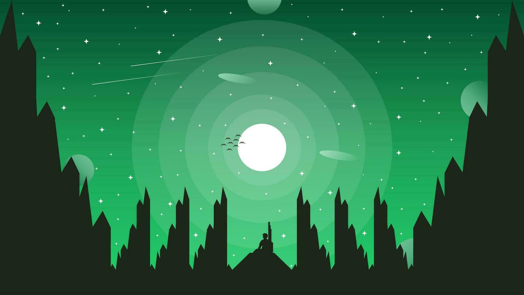 Vector illustration of a man looking at the moon and stars at night