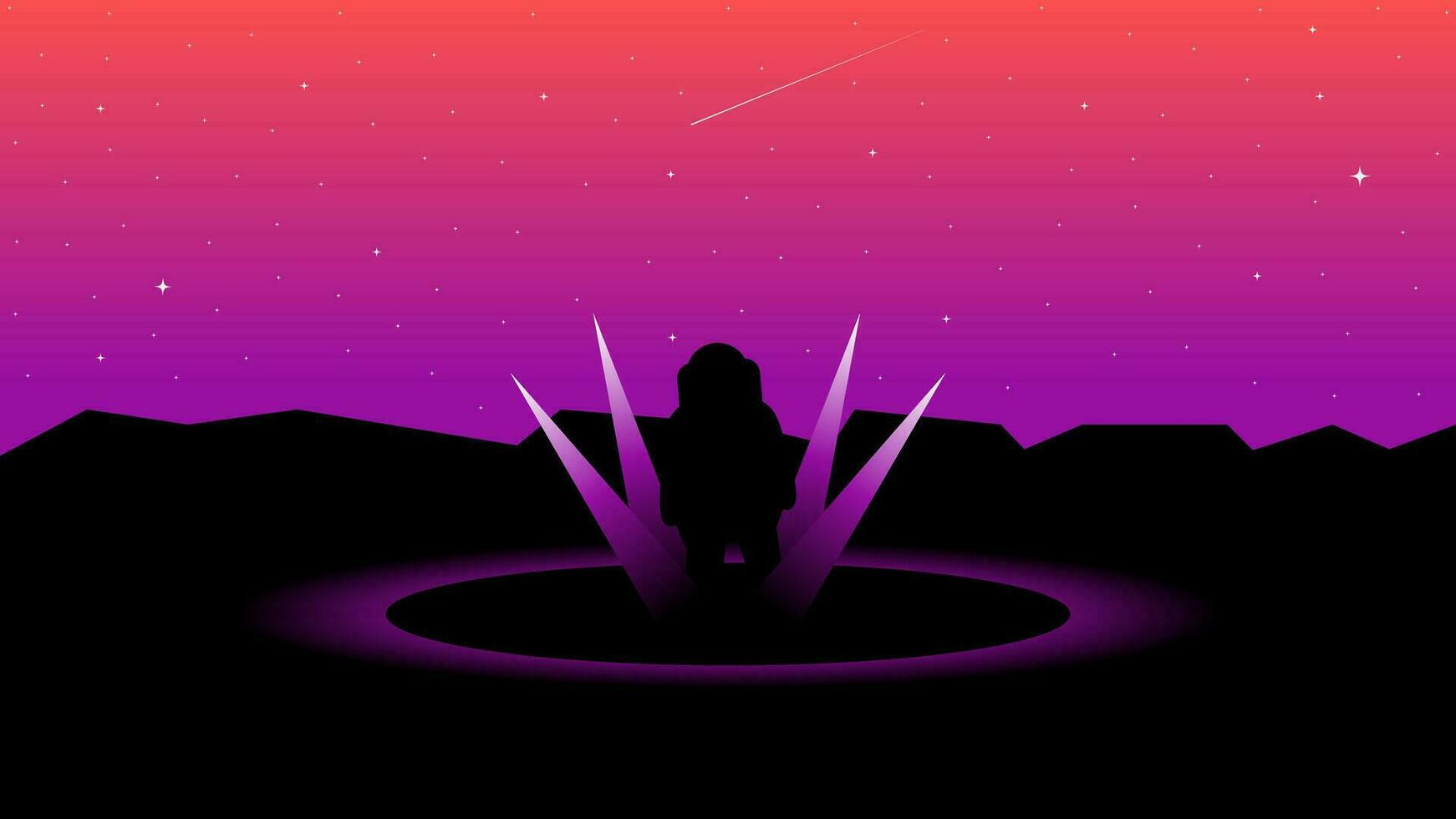 Vector illustration of an astronaut standing amidst crystals and halos emitting light in outer space.