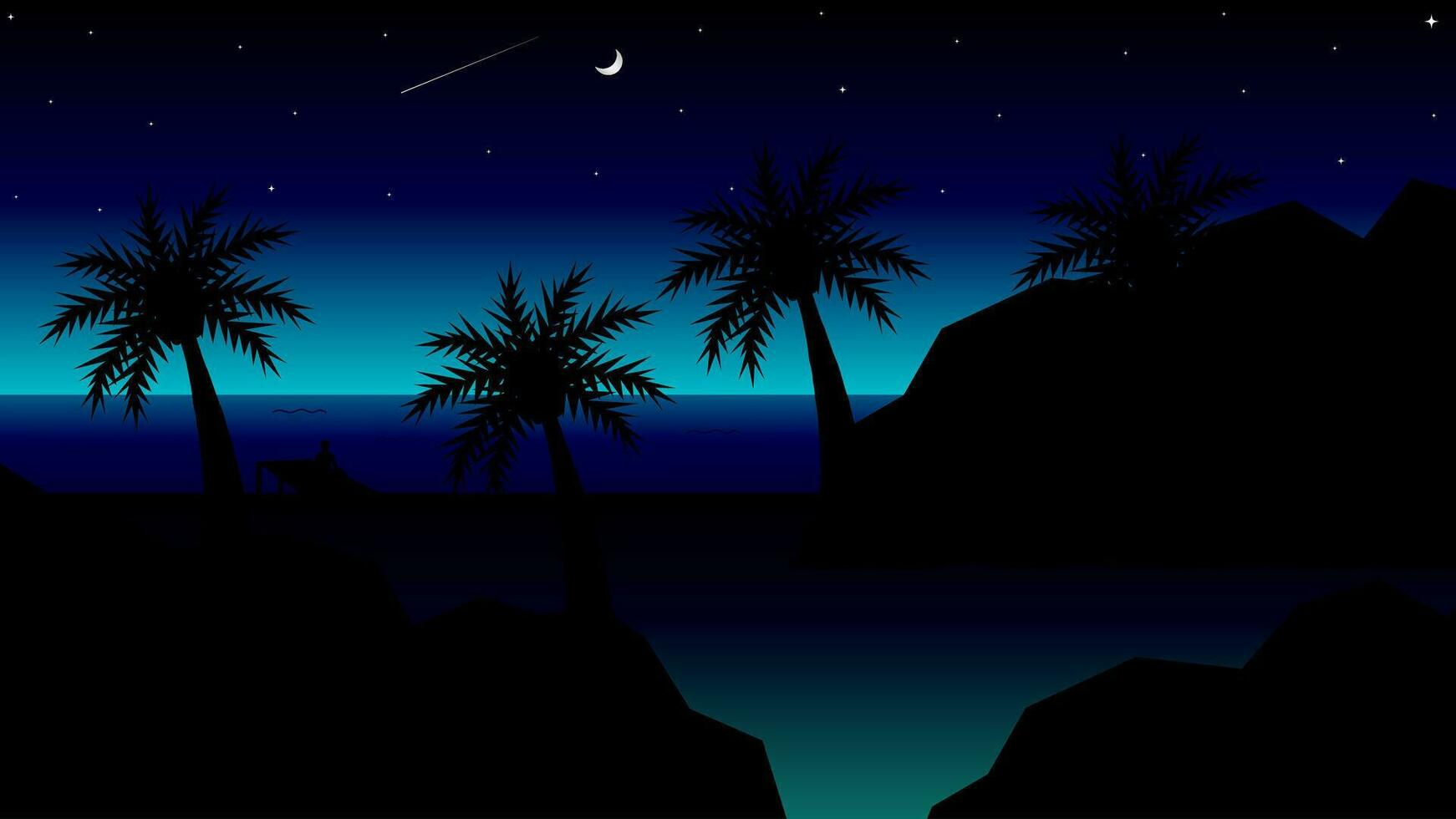 Vector illustration of a beach scene with boulders and coconut trees at night, illuminated by the blue light rising from the sea.