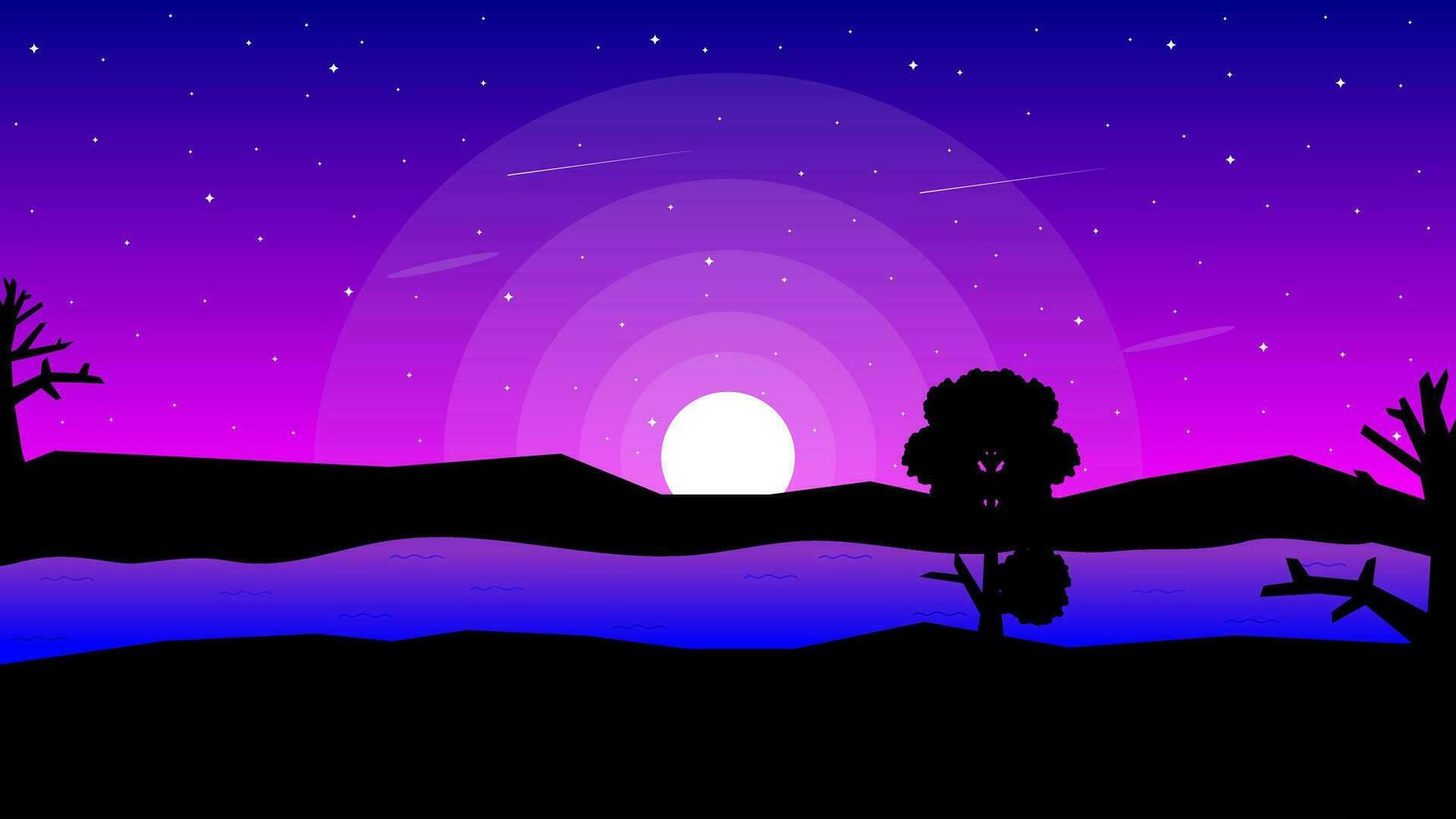 vector ilustración de púrpura noche cielo con arboles y río en luz de la luna