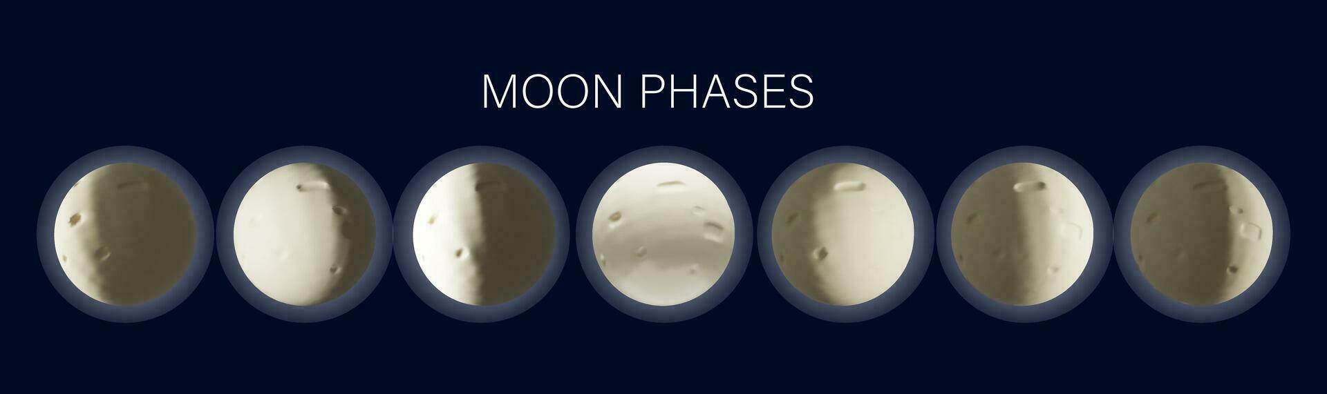 3d hacer Luna etapas. vector astrológico ilustración para el lunar calendario en arcilla estilo. dibujos animados realista colocar. astronomía satélite. astrología símbolo de nuevo tiempo. lleno luna, creciente, eclipse.