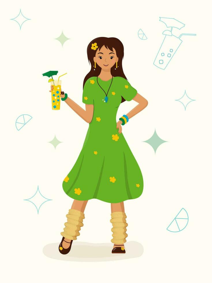 Woman standing with refreshing drink Vector illustration. Tanned girl in green dress holds lemonade.