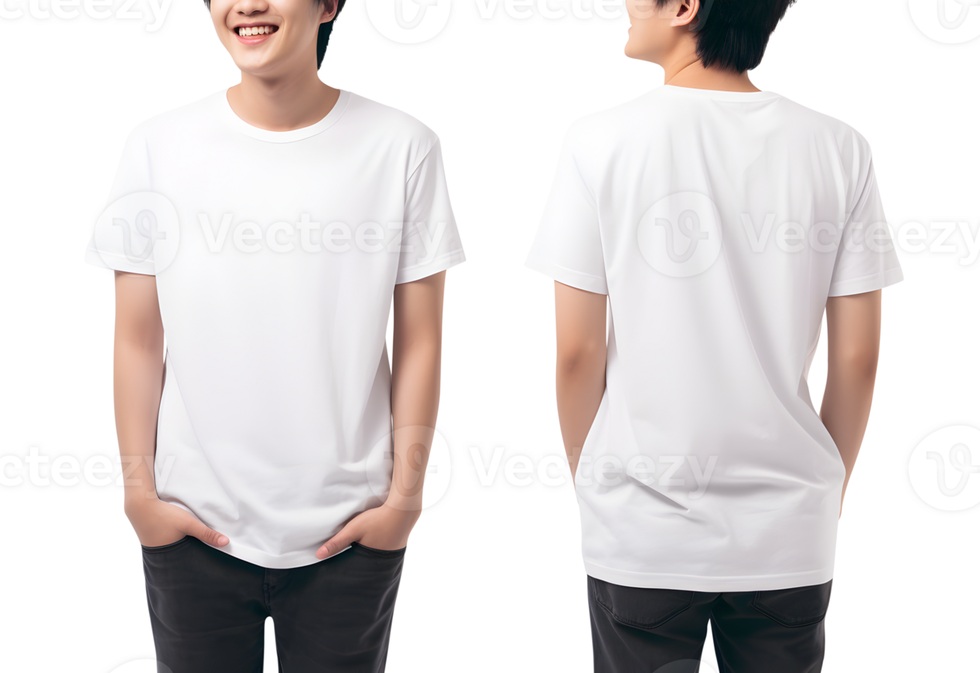 Young man in white T shirt mockup front and back view, Cutout, AI Generative png