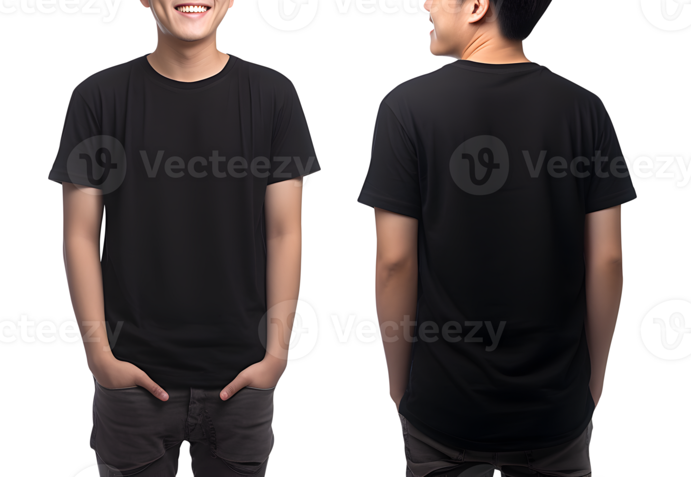 Young man in black T shirt mockup front and back view, Cutout, AI Generative png