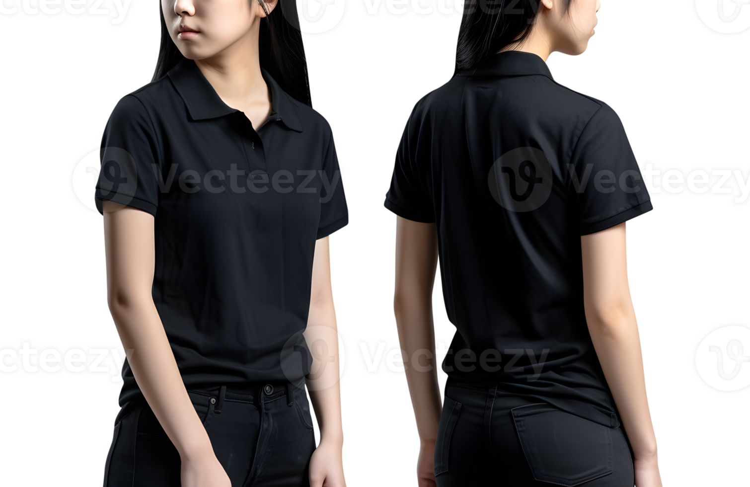 Young woman in black Polo shirt mockup front and back view, Cutout, AI Generative png