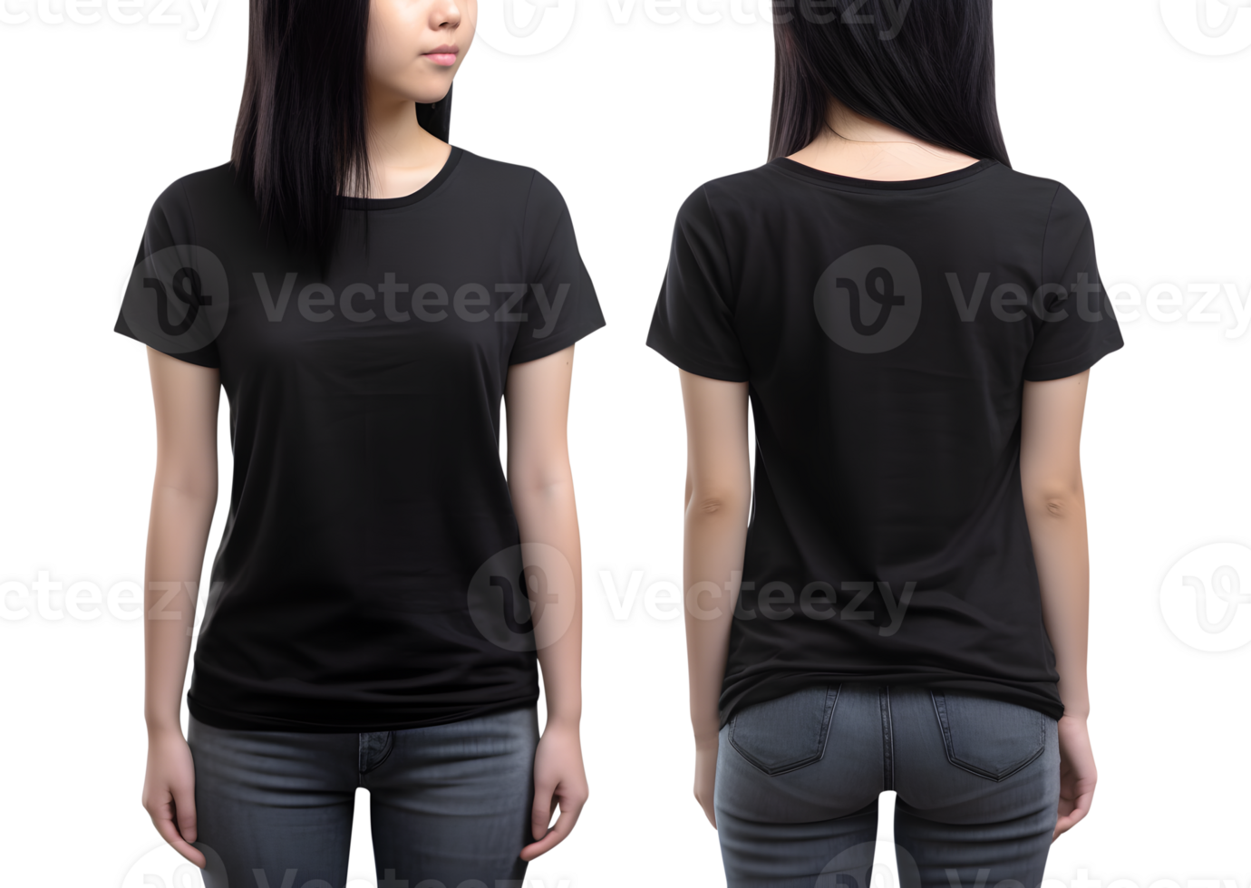 Young woman in black T shirt mockup front and back view, Cutout, AI Generative png