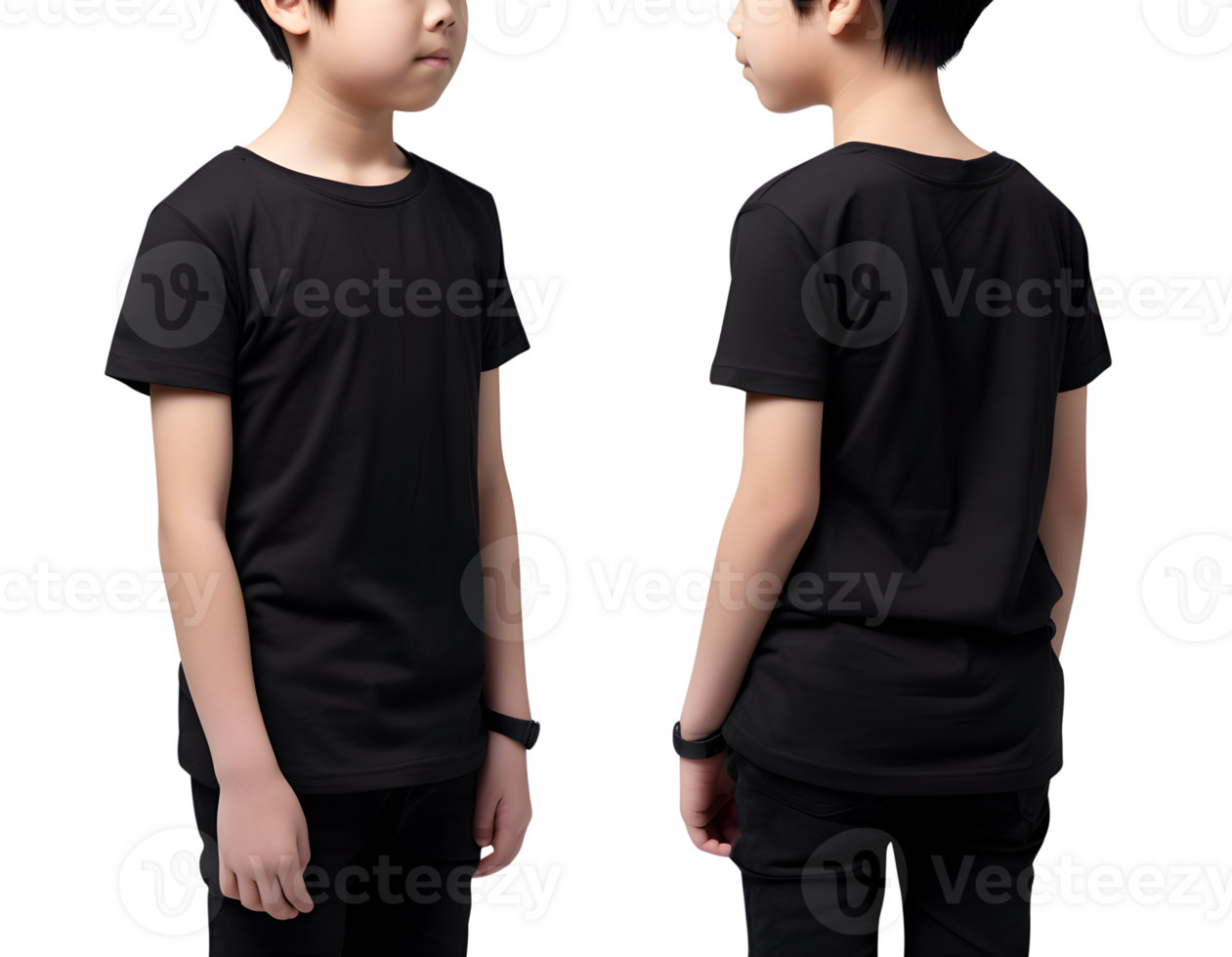 Young boy in black T shirt mockup front and back view, Cutout, AI Generative png