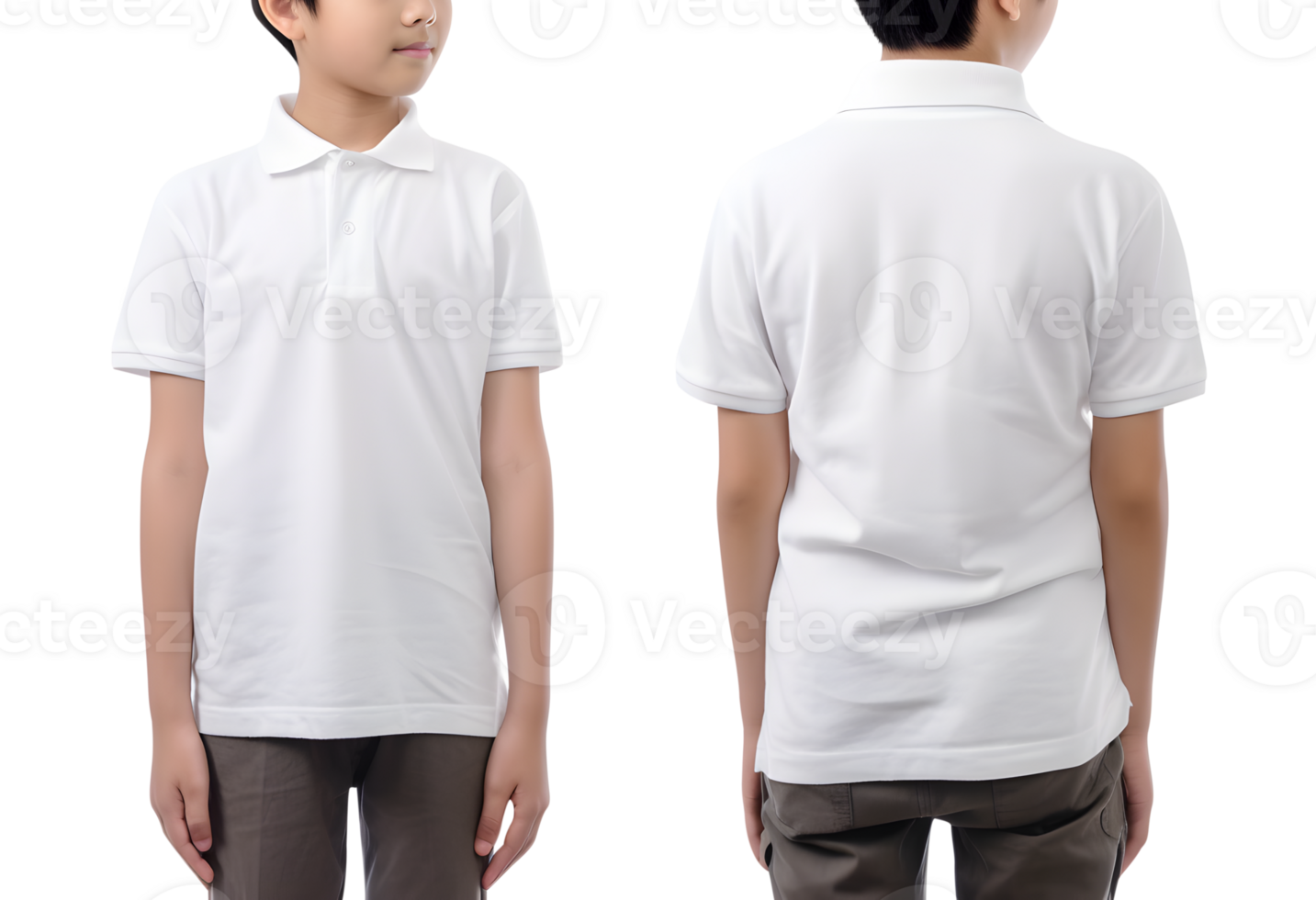 Young boy in white Polo shirt mockup front and back view, Cutout, AI Generative png