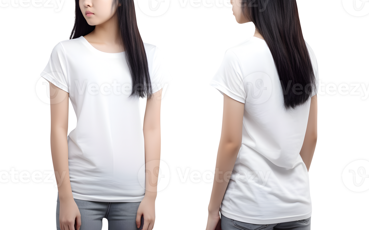 Jeune femme dans blanc t chemise maquette de face et retour voir, découper, ai génératif png