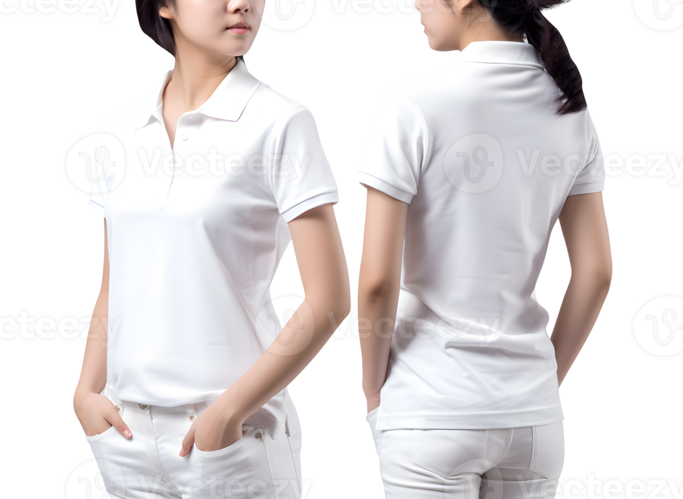 Young woman in white Polo shirt mockup front and back view, Cutout, AI Generative png