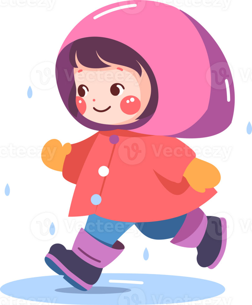 Hand Drawn A child in a raincoat showing a joyful expression that it is raining in flat style png