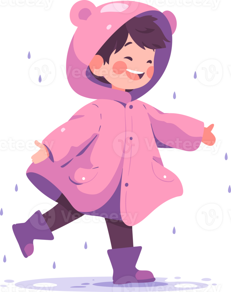 Hand Drawn A child in a raincoat showing a joyful expression that it is raining in flat style png