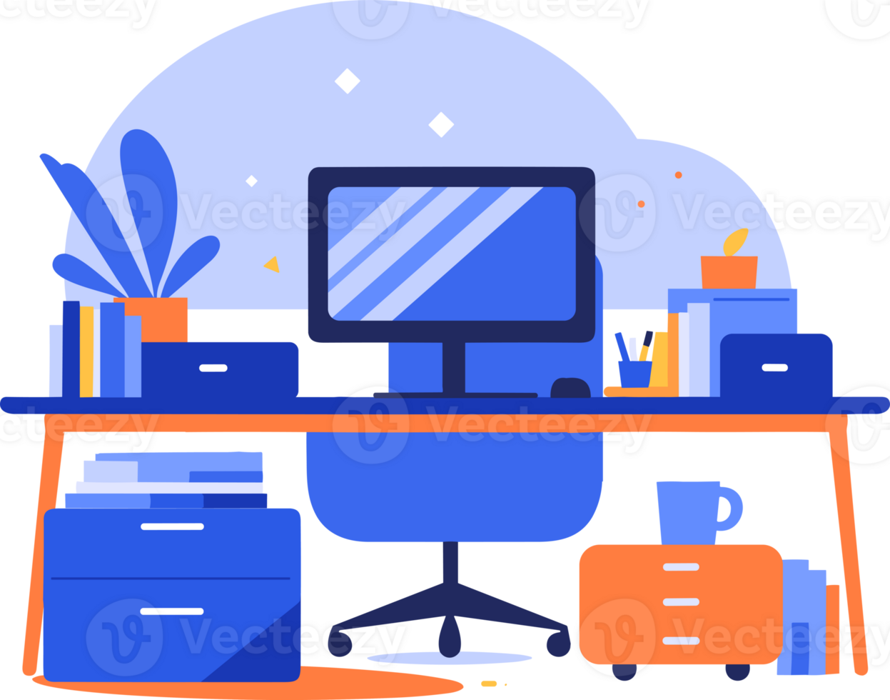 Hand Drawn desk in the office is organized in order in flat style png