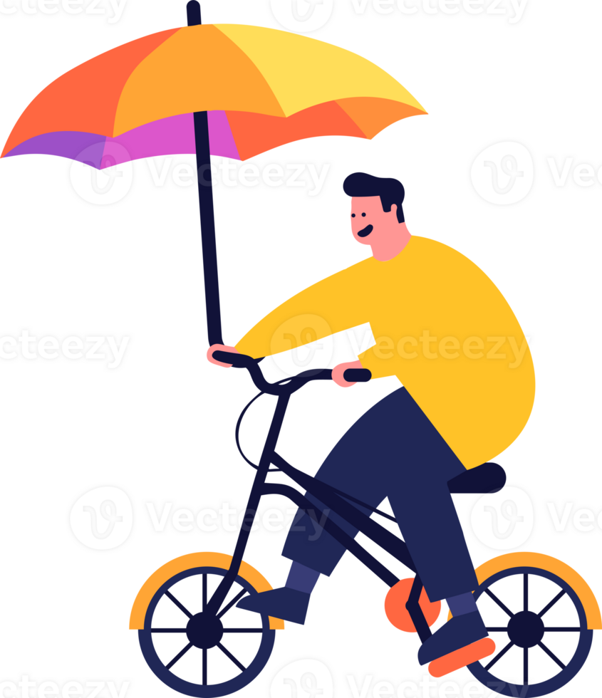 Hand Drawn man riding a bicycle and holding an umbrella in flat style png