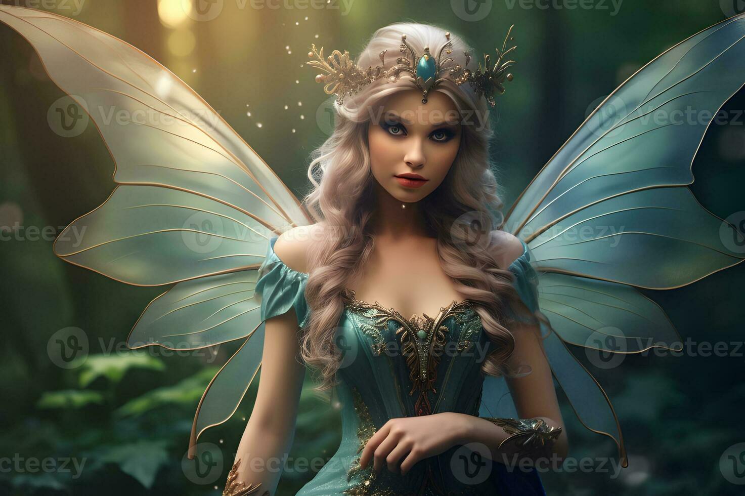 hermosa bosque duende con azul ojos y hada alas foto