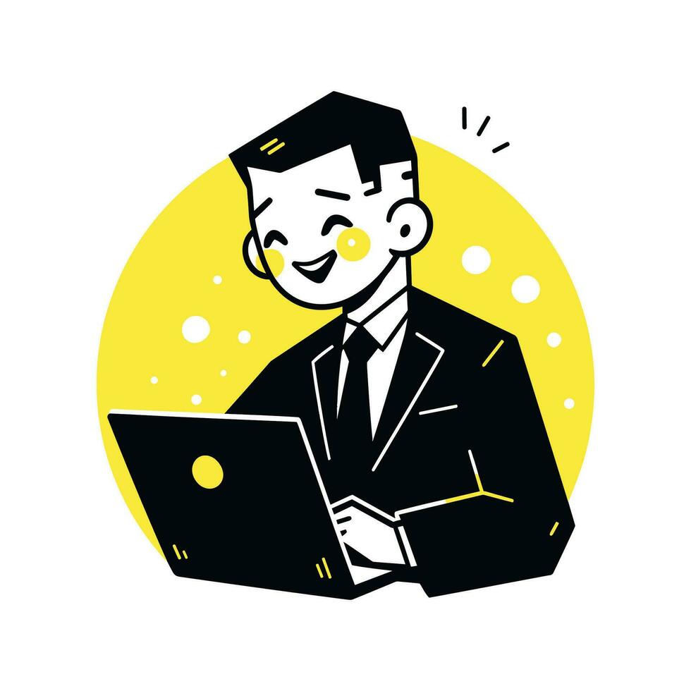 Businessman Working with Computer, Man Character in Flat Style, Businessman Cartoon Vector Illustration Design