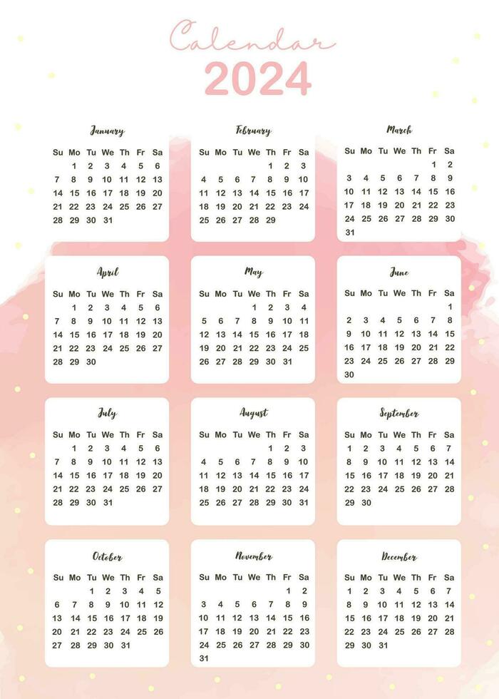 2024 watercolor monthly calendar with orange,yellow,pink.Vector ...