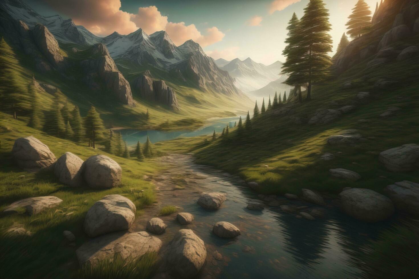 Beautiful fantasy landscape with a river in the mountains. ai generative photo