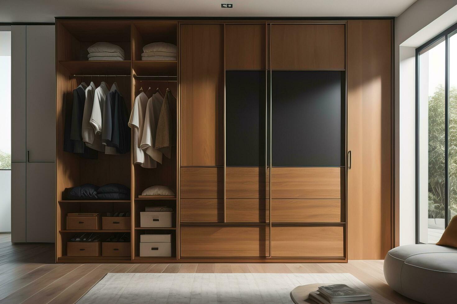 Wardrobe with clothes in the room. Toned image. ai generative photo