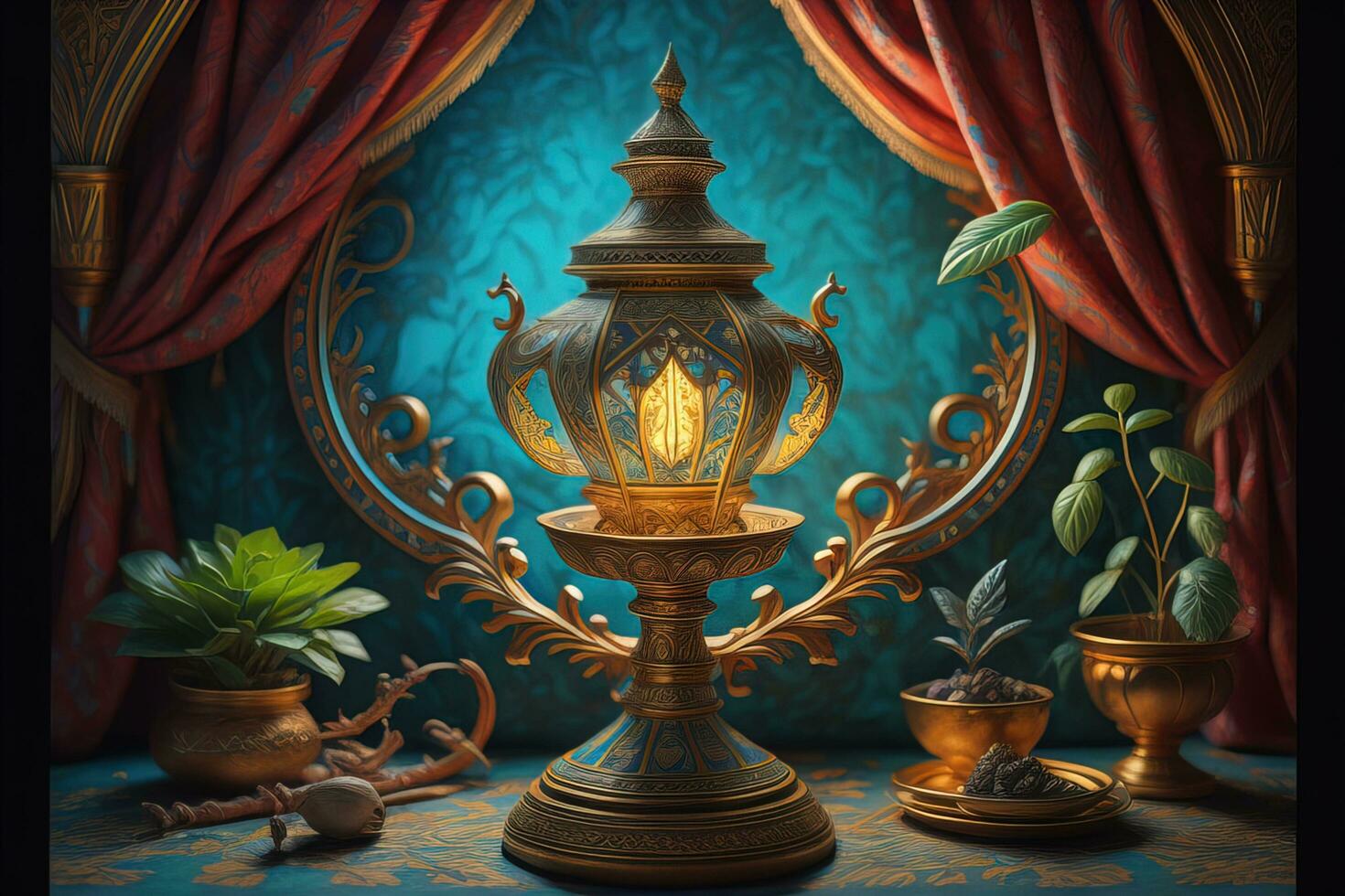 Lantern on a wooden table and a dark background. ai generative photo