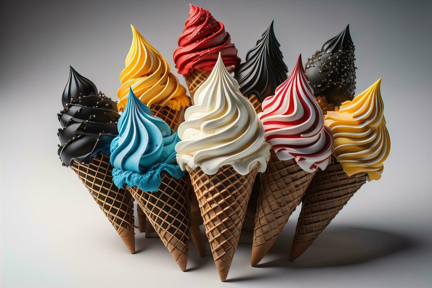 Ice cream in waffle cone on blue background, top view, flat lay. ai generative photo